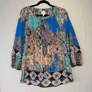Fig And Flower Anthropologie Womens Indie Boho Sheer Blouse Size L  Artsy Top